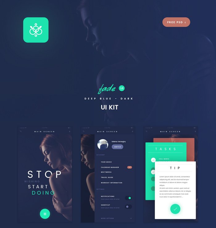 fade app - free flat psd ui kit